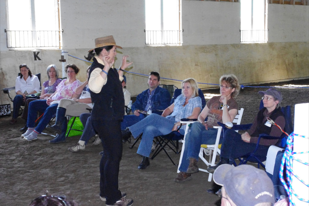 Geneviève Benoit teaching a group in a horseless workshop