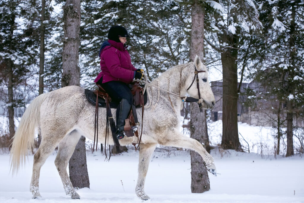 Geneviève Benoit monte un cheval gris en hiver et montre le pas espagnol
