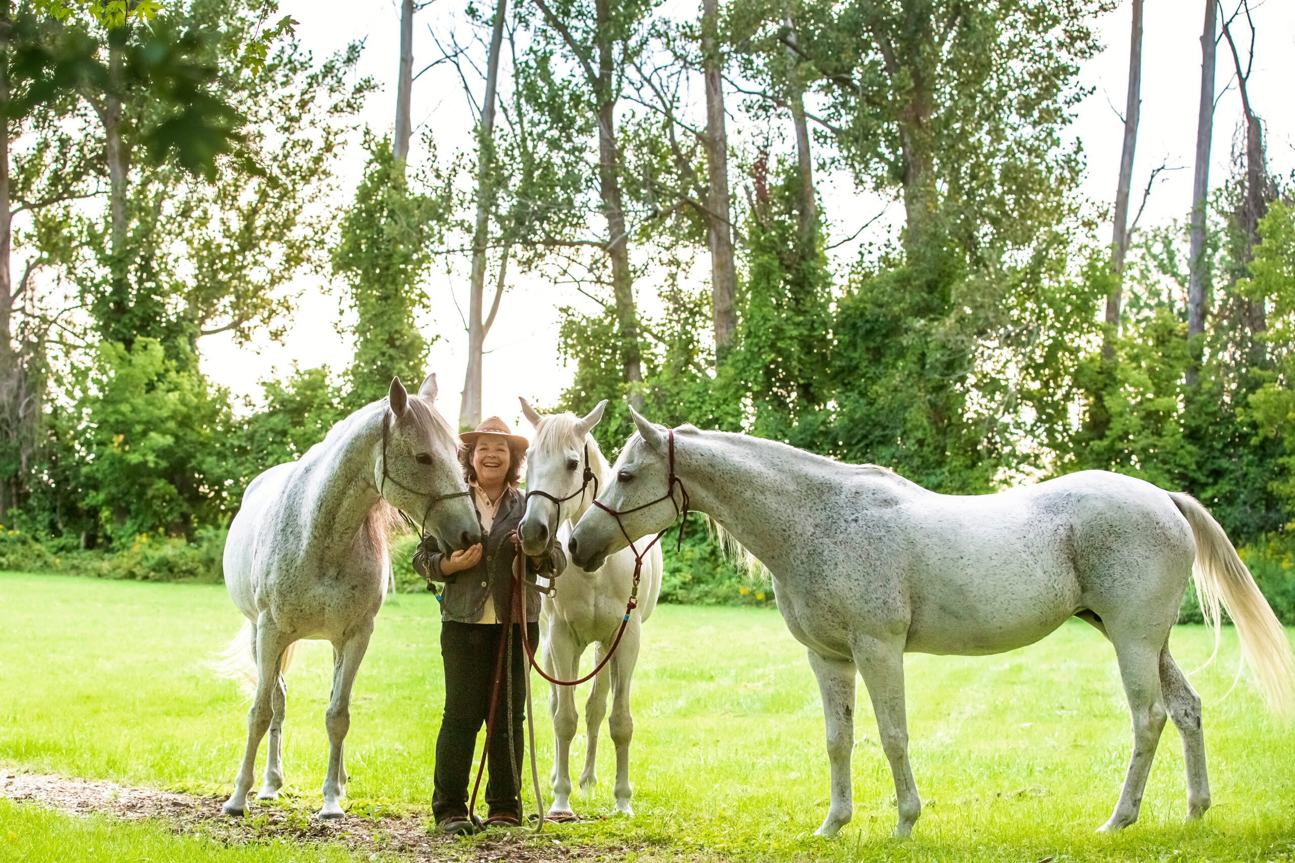 Geneviève Benoit with her 3 grey horses in a pasture with trees